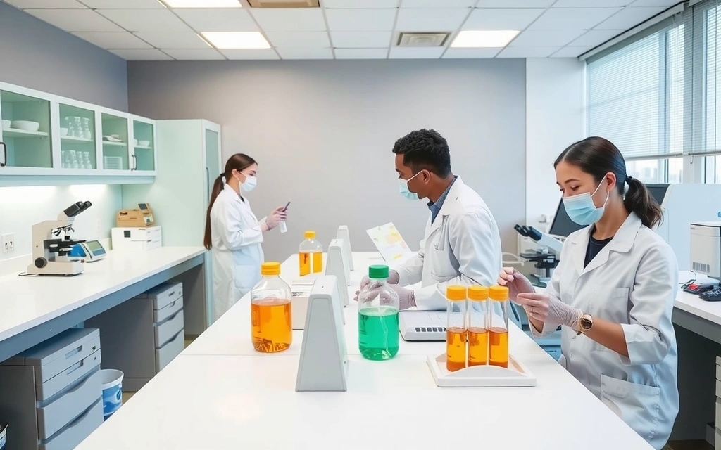 Processo di controllo qualità in un laboratorio moderno con scienziati che esaminano campioni