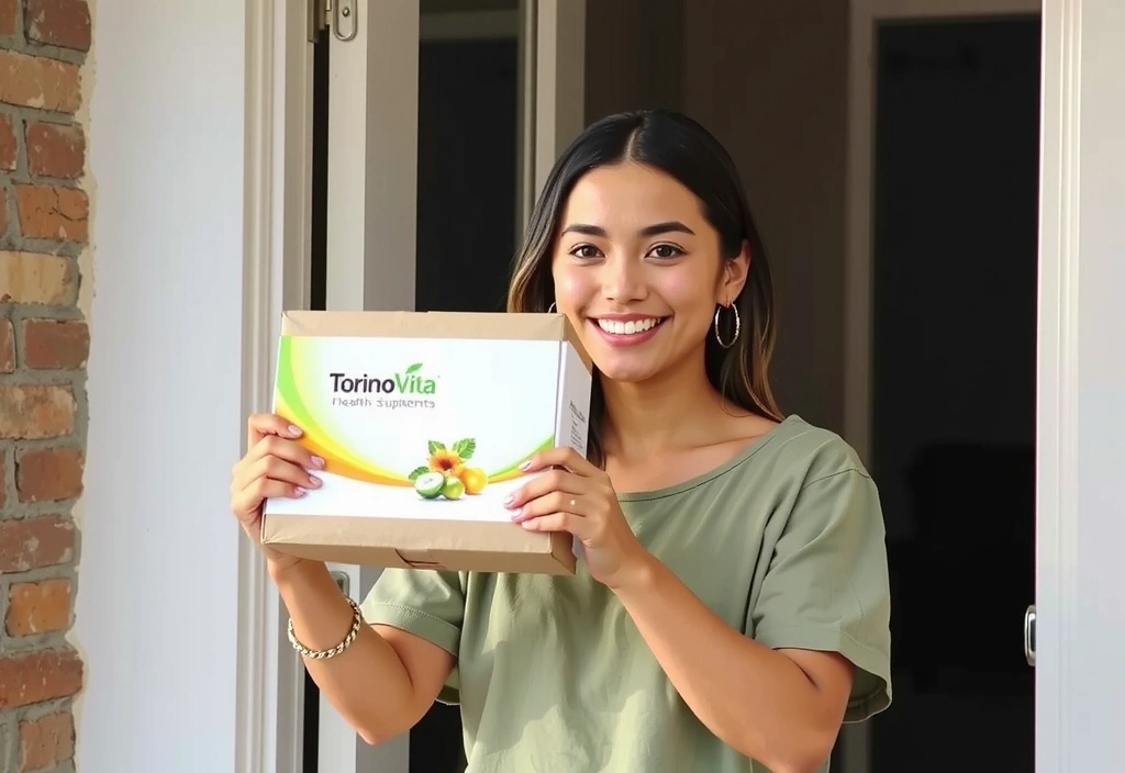 Donna sorridente che riceve un pacco di prodotti Torinovitacx