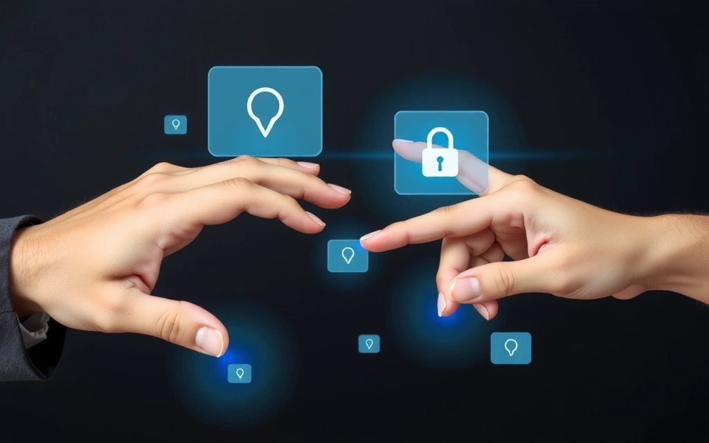 Due mani che si stringono virtualmente, simboleggiando la collaborazione sicura e la condivisione di dati tra entità.
