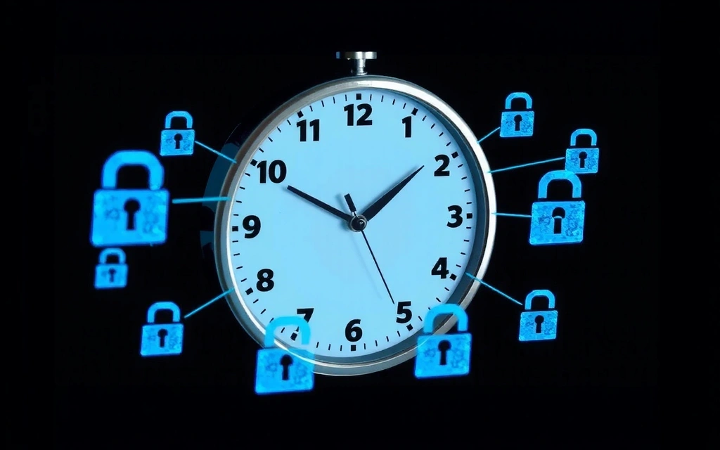 Orologio digitale che mostra il tempo che passa, con icone di dati che si muovono attorno, a simboleggiare la conservazione limitata dei dati.